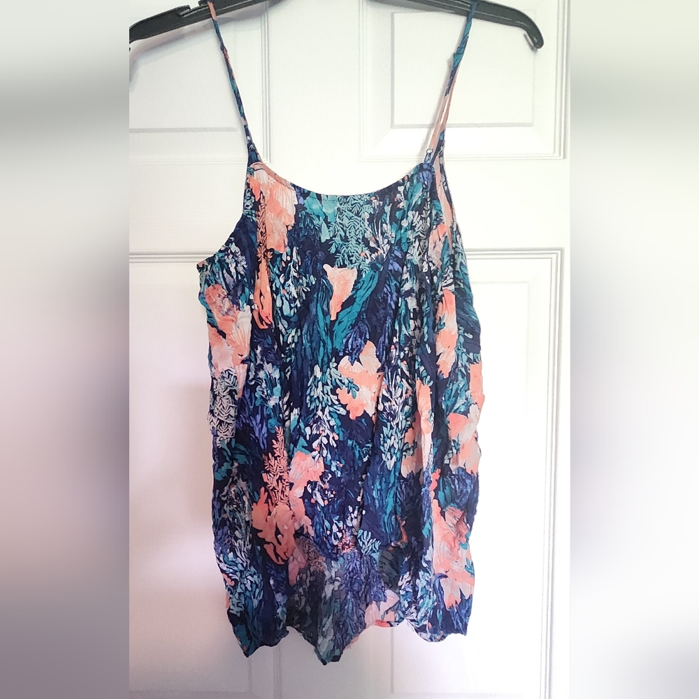 Floral Spaghetti Strap Tank Top - Navy & Coral